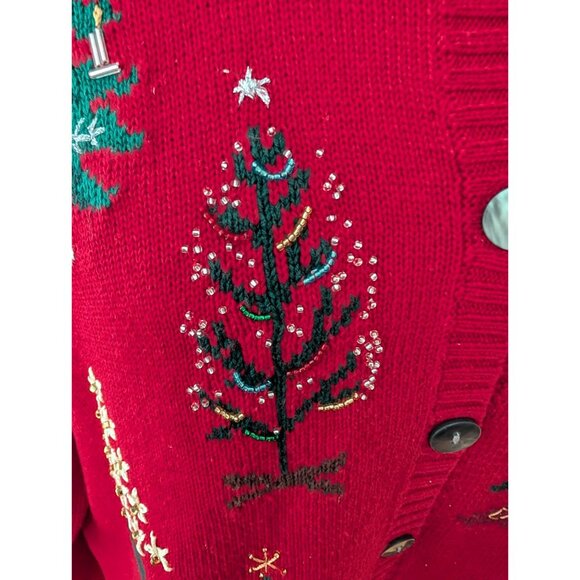 Vintage Talbots Red Christmas Cardigan Sweater Embroidered Trees Beaded Womens M - Picture 2 of 11